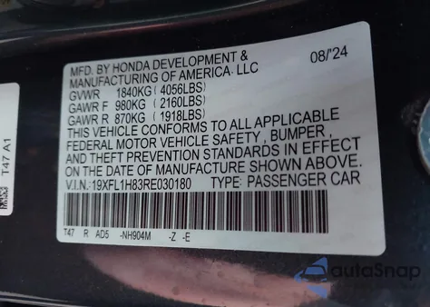 2024 Honda Civic Sport Touring z USA, uszkodzony, nr VIN 19XFL1H83RE030180